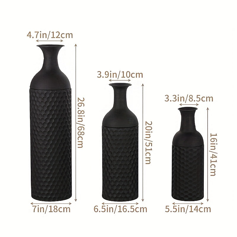 Modern honeycomb texture large black floor vase 27 inch metal floor-to-ceiling vase set 3pcs set large standing vase living room dining room bedroom home corner interior office decoration ornament