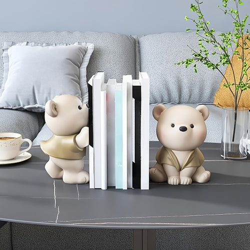 1pair (2pcs) of unique cute resin squatting bear decorative bookends, can store books magazines CDs, home office desktop bookshelf bedside table decor, graduation season Thanksgiving Christmas birthday housewarming gift