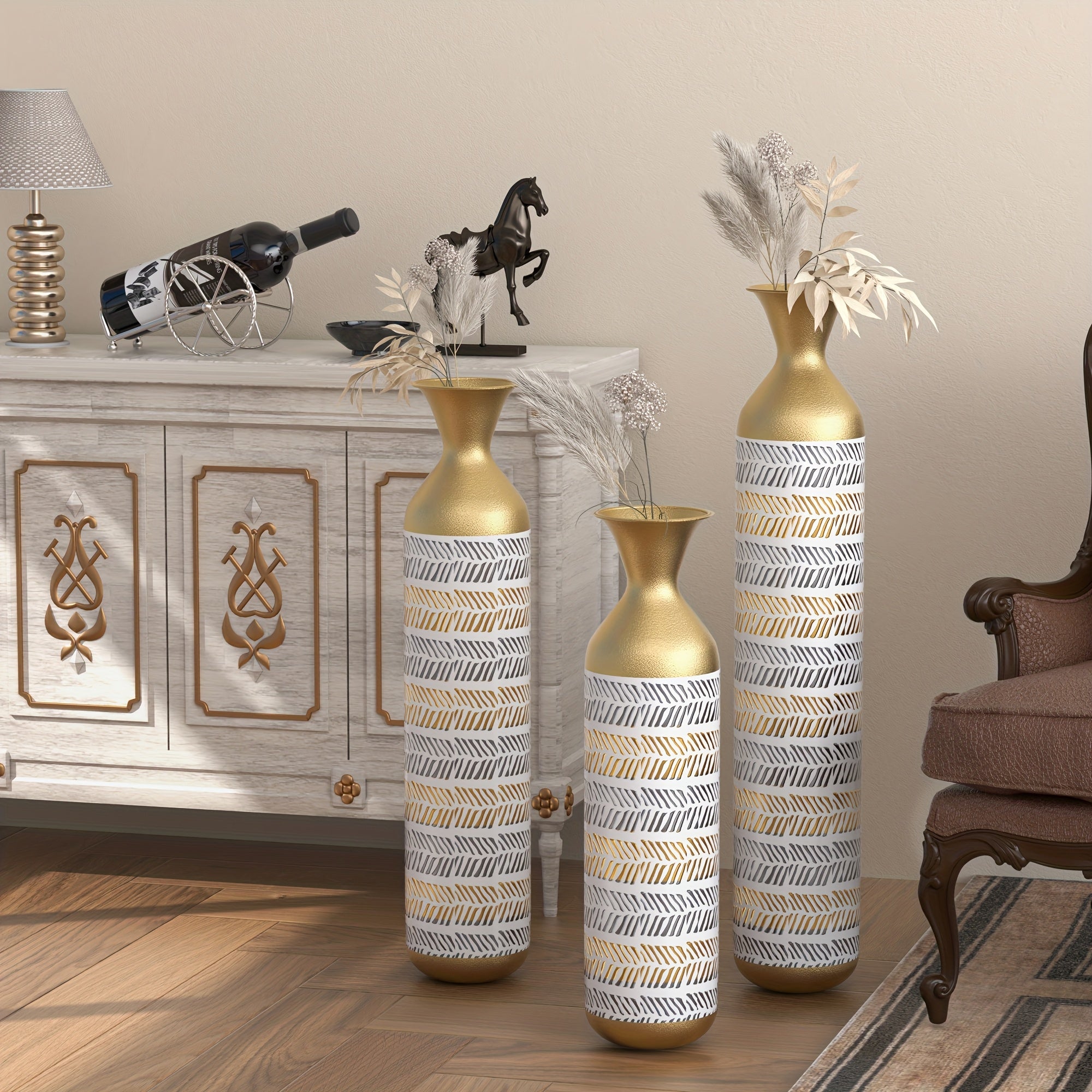 3pcs Set Of Gorgeous Metal Decorative Vases, Various Exquisite Patterned Vases, Home Decoration Flower Pots, Indoor Art Floor Decorations, Flower Arrangement, Fake Flowers, Reed Art, Housewarming Weddings, Mother'S Day Birthdays, Holiday Gifts