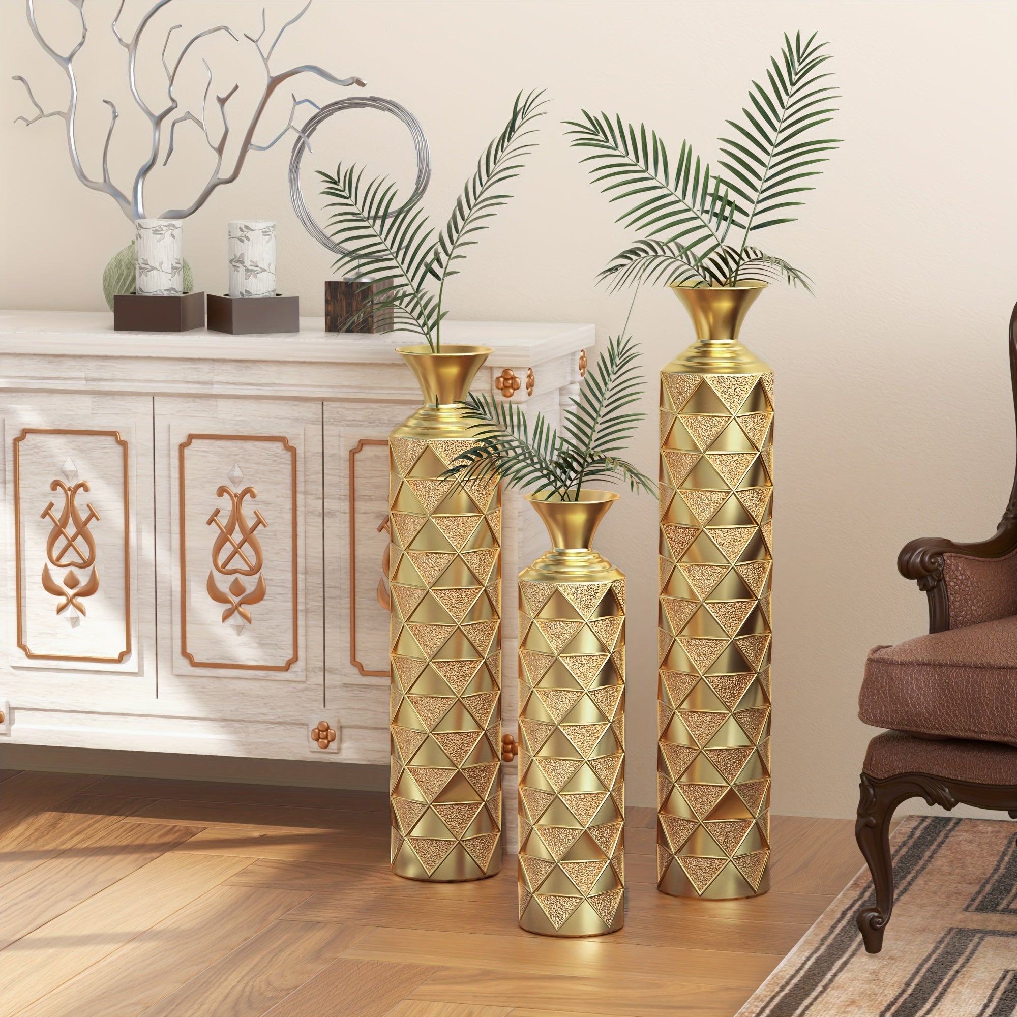 3pcs Set Of Gorgeous Metal Decorative Vases, Various Exquisite Patterned Vases, Home Decoration Flower Pots, Indoor Art Floor Decorations, Flower Arrangement, Fake Flowers, Reed Art, Housewarming Weddings, Mother'S Day Birthdays, Holiday Gifts