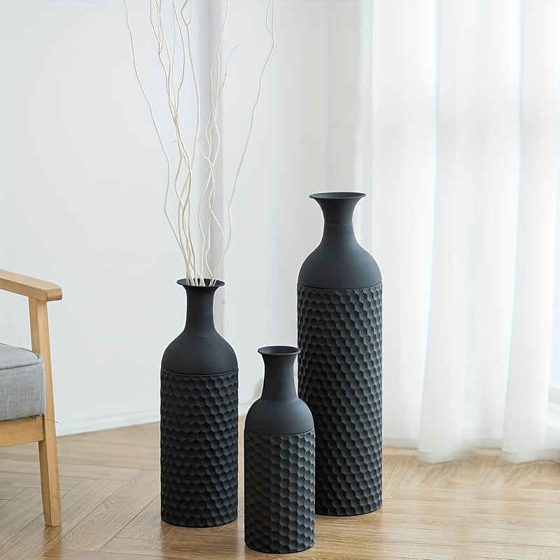 Modern honeycomb texture large black floor vase 27 inch metal floor-to-ceiling vase set 3pcs set large standing vase living room dining room bedroom home corner interior office decoration ornament