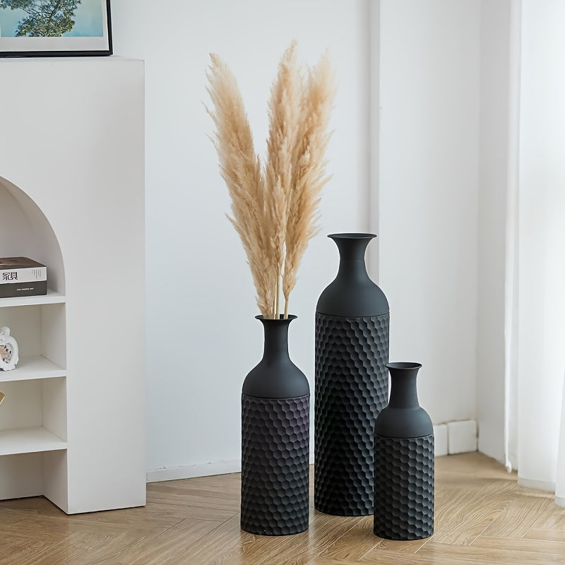 Modern honeycomb texture large black floor vase 27 inch metal floor-to-ceiling vase set 3pcs set large standing vase living room dining room bedroom home corner interior office decoration ornament