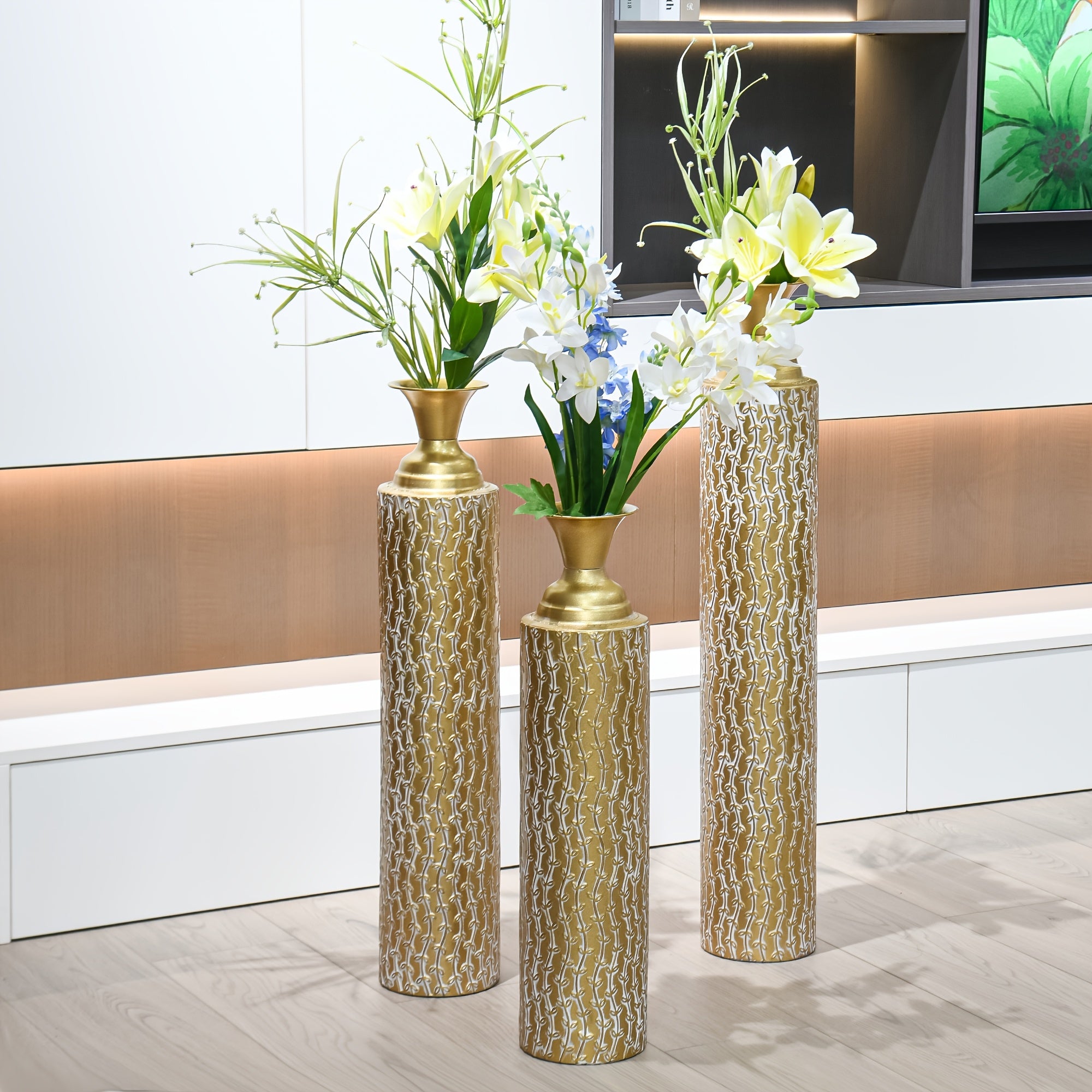 3pcs Set Of Gorgeous Metal Decorative Vases, Various Exquisite Patterned Vases, Home Decoration Flower Pots, Indoor Art Floor Decorations, Flower Arrangement, Fake Flowers, Reed Art, Housewarming Weddings, Mother'S Day Birthdays, Holiday Gifts