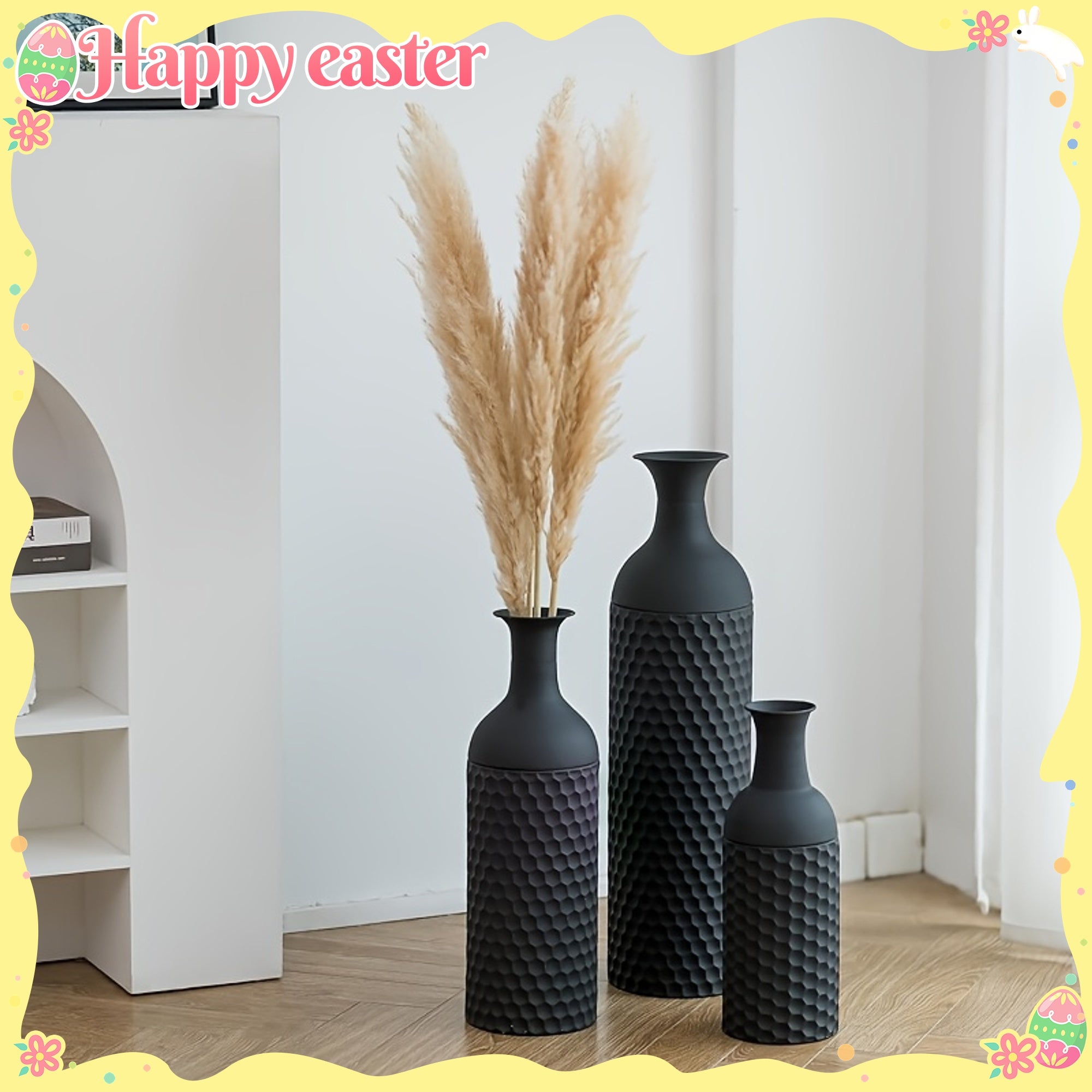 Modern honeycomb texture large black floor vase 27 inch metal floor-to-ceiling vase set 3pcs set large standing vase living room dining room bedroom home corner interior office decoration ornament